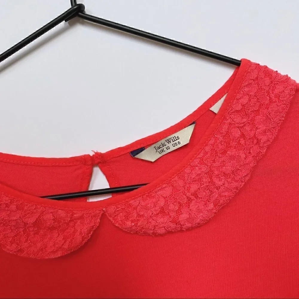 Jack Wills Short Sleeve Lace Collar Tee Shirt Top Preppy Pink / Red 6